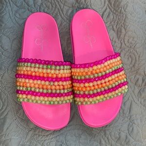 Jessica Simpson Pink Neon Rainbow Slides size 7